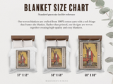 Blanket size chart with tarot card designs on blankets and measurements.