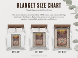 Blanket size chart with Tarot card designs on blankets and measurements.