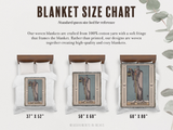 Blanket size chart with Tarot card designs on blankets and measurements.