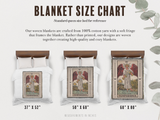Blanket size chart with tarot card designs on blankets and measurements.