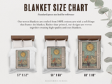 Blanket size chart with illustrations of tarot cards on blankets, featuring measurements and a decorative background.
