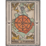 Decorative blanket with 'Wheel of Fortune' design featuring symbols and animals on a beige background.