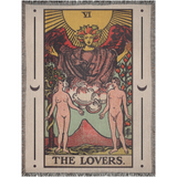 Woven blanket with 'The Lovers' tarot card design on a plain background