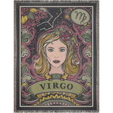 Decorative blanket with Virgo zodiac design featuring a woman's face and astrological symbols.