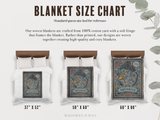 Blanket size chart with woven blankets and measurements on a white background.
