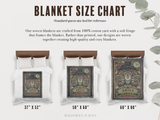 Blanket size chart with woven blankets and measurements on a white background.