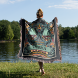 Person holding a 'Libra' themed towel by a lake