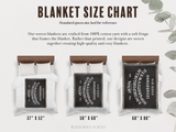 Blanket size chart with three blankets displayed on a bed, featuring woven text designs.