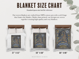 Blanket size chart with woven blankets and measurements on a white background.