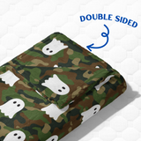 Folded blanket with camouflage and ghost pattern, labeled 'Double Sided'.