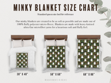 Minky blanket size chart with measurements and patterns on a white background