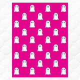 Pattern of white ghosts on a pink background