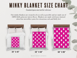 Minky blanket size chart with pink ghost pattern on a white background