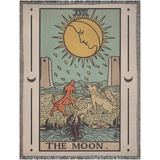 Decorative blanket with 'The Moon' tarot card design featuring a sun, moon, and animals.