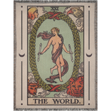 Decorative blanket with 'The World' tarot card design featuring a nude figure and symbolic elements.